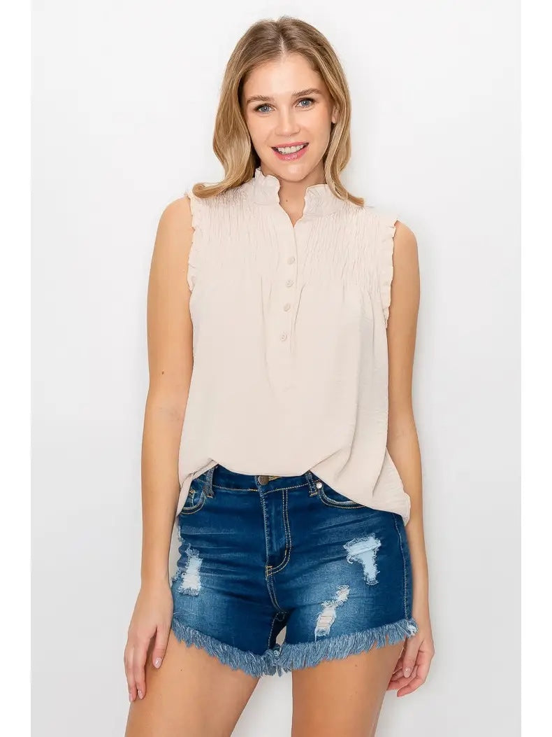 Sleeveless Ruched Button Mock Neck Blouse