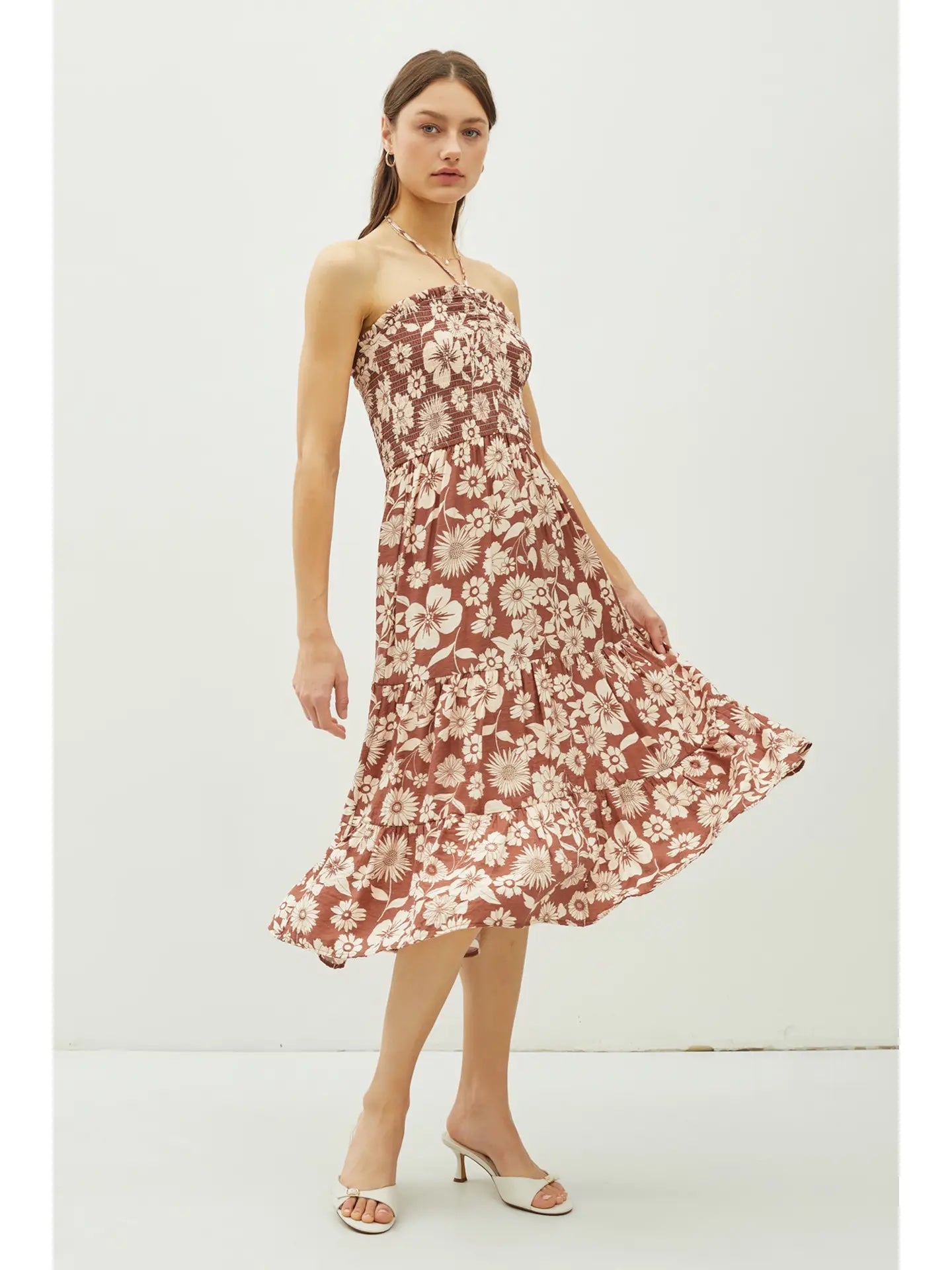 Floral Print Smocked Halter Midi Dress Large Floral Print Smocked Halter Midi Dress Large