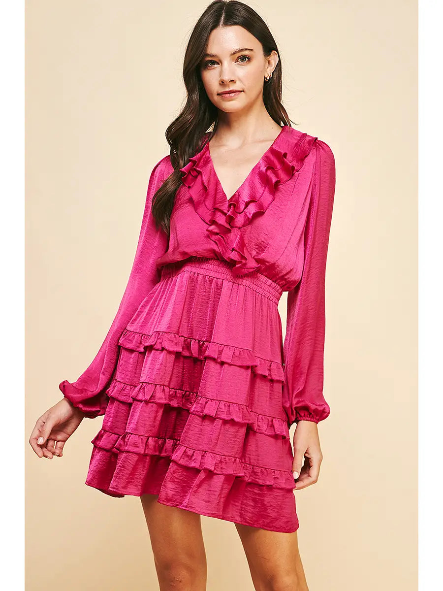satin tiered mini dress Satin V-neck Long Sleeve Tiered Ruffle Mini Dress