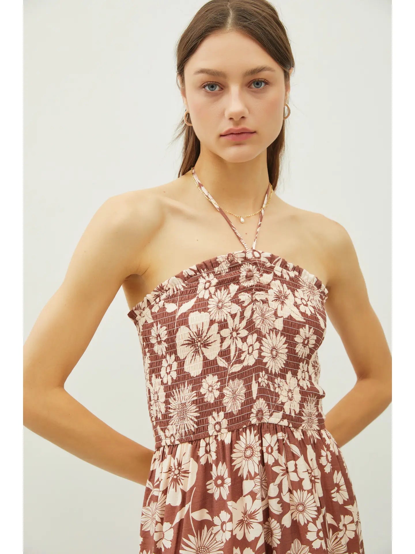 Floral Print Smocked Halter Midi Dress