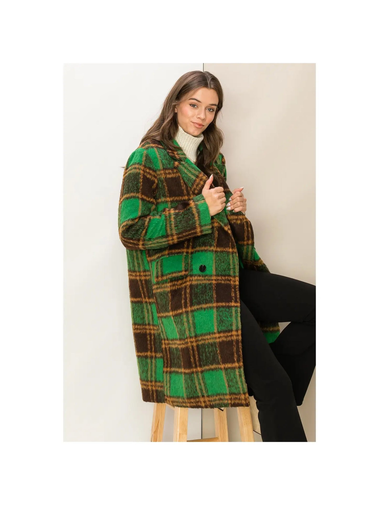 Green So Classic Fuzzy Mohair-Like Plaid Coat