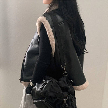 Fur Collar Color Block Thick Vest