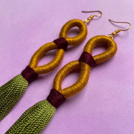 Gold Infinity Green Tassel Earrings