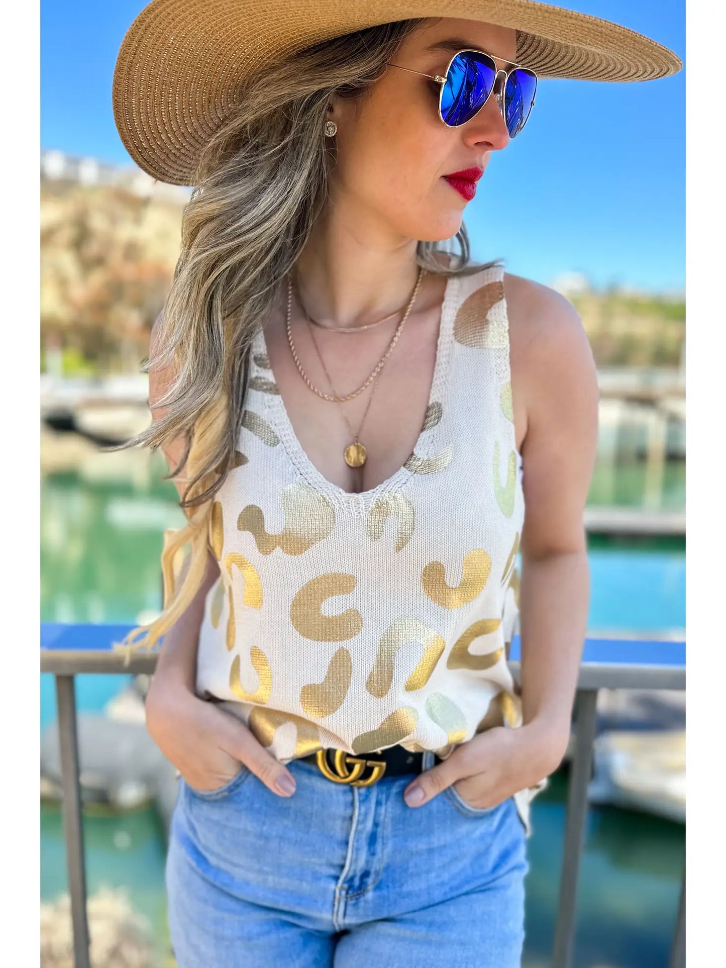 Cream Gold Leopard Printed Sleeveless Top