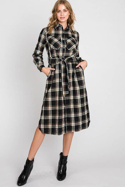 BLACK PLAID PRINT COLLAR LONG SHIRT DRESS