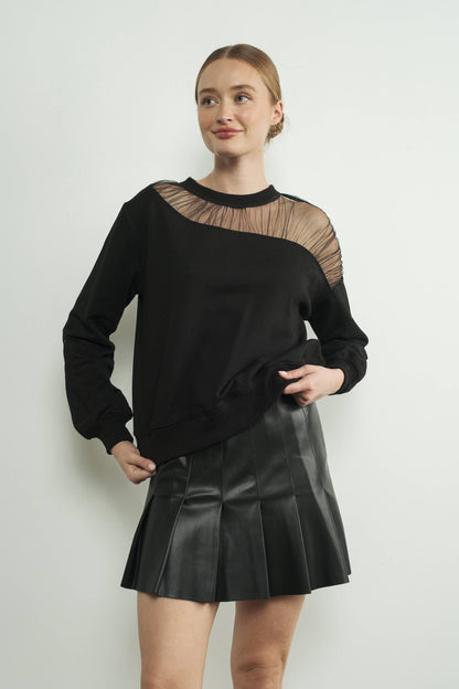 CREWNECK SWEATER W ASSYMETRICAL TULLE SHOULDER