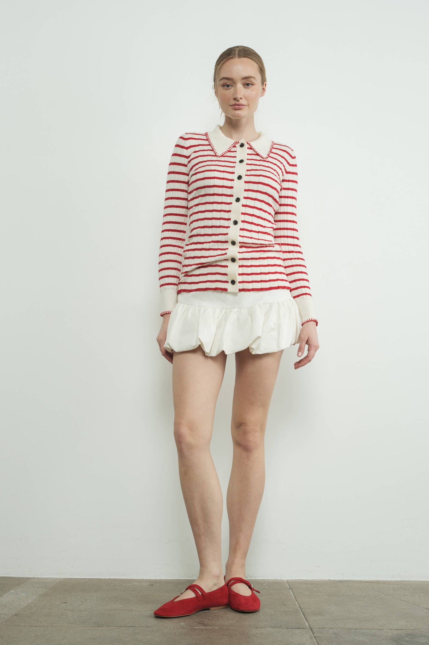 STRIPE COLLAR CARDIGAN WITH EDGE STITCH