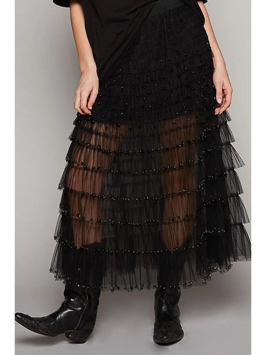 Pearl Detailed Sheer Mesh Long Skirt