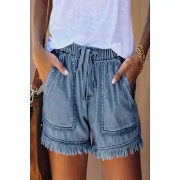 Fringe Denim Drawstring Shorts