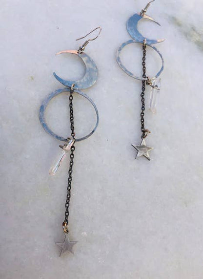 Crystal Moon and Star Dangle Earrings