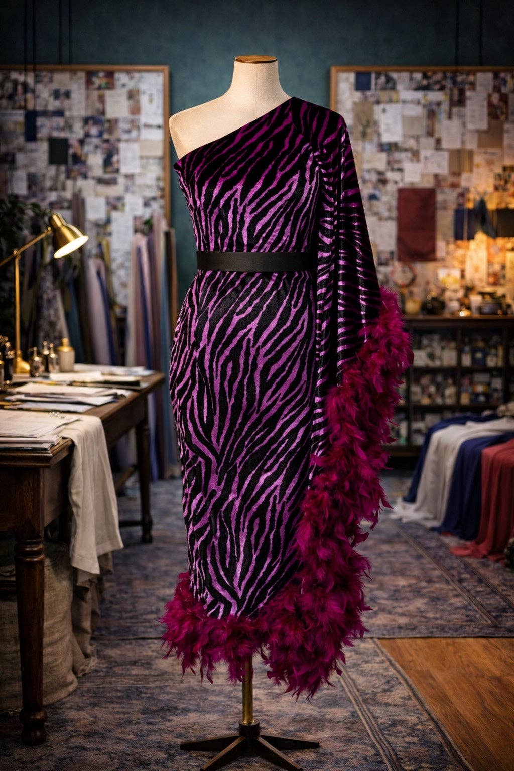Venom One Shoulder Caftan in Fuchsia Haze