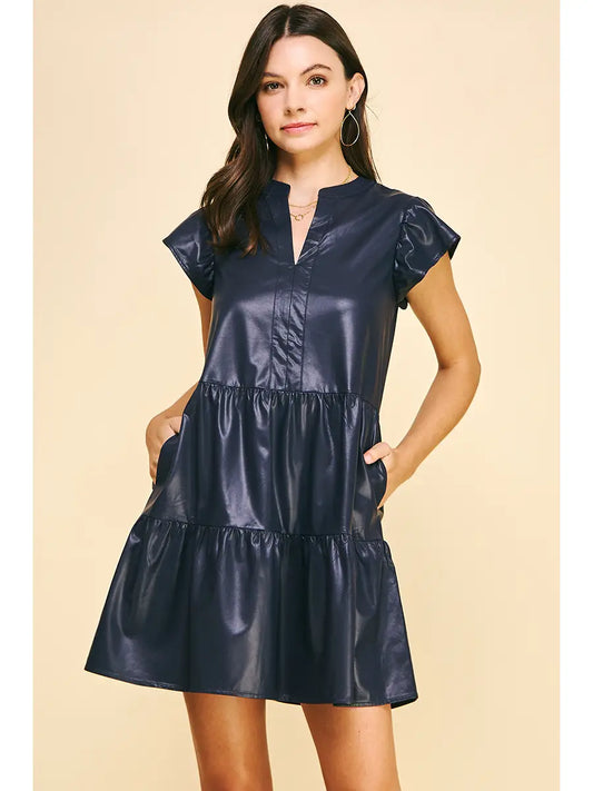 PU Leather Mini Dress- Deep Navy