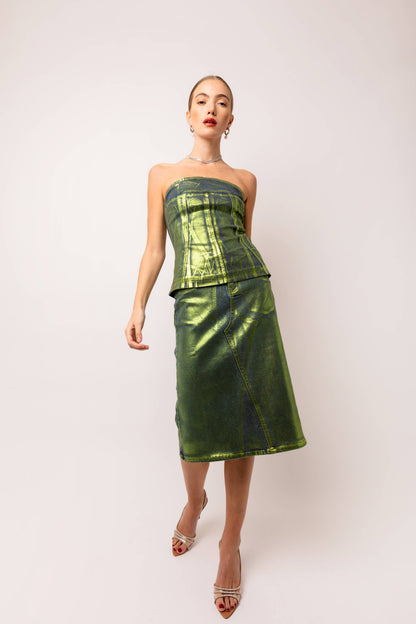Clara Green Denim Foil Coated Midi Skirt