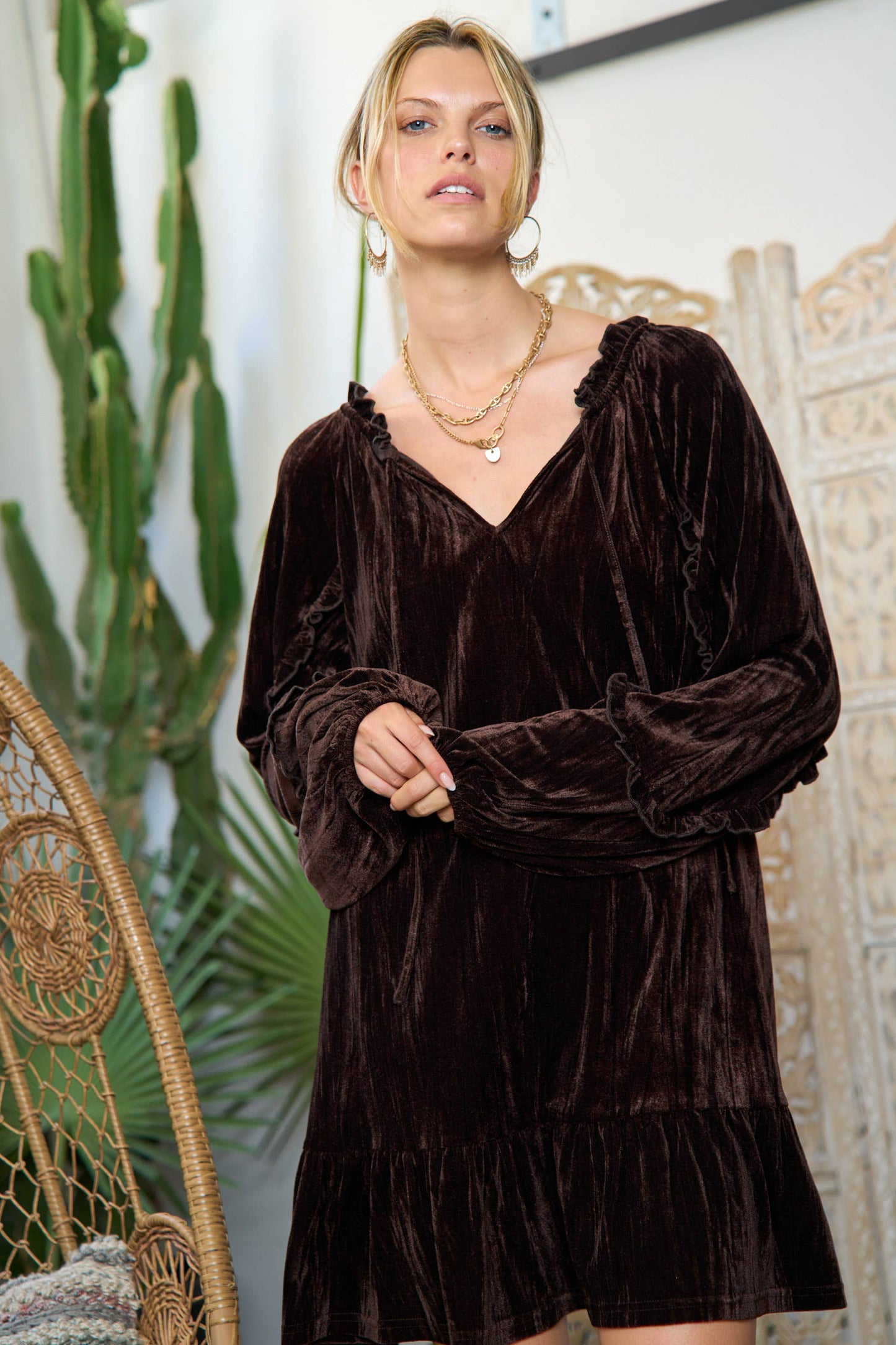 Dark Brown Crushed Velvet Mini Dress