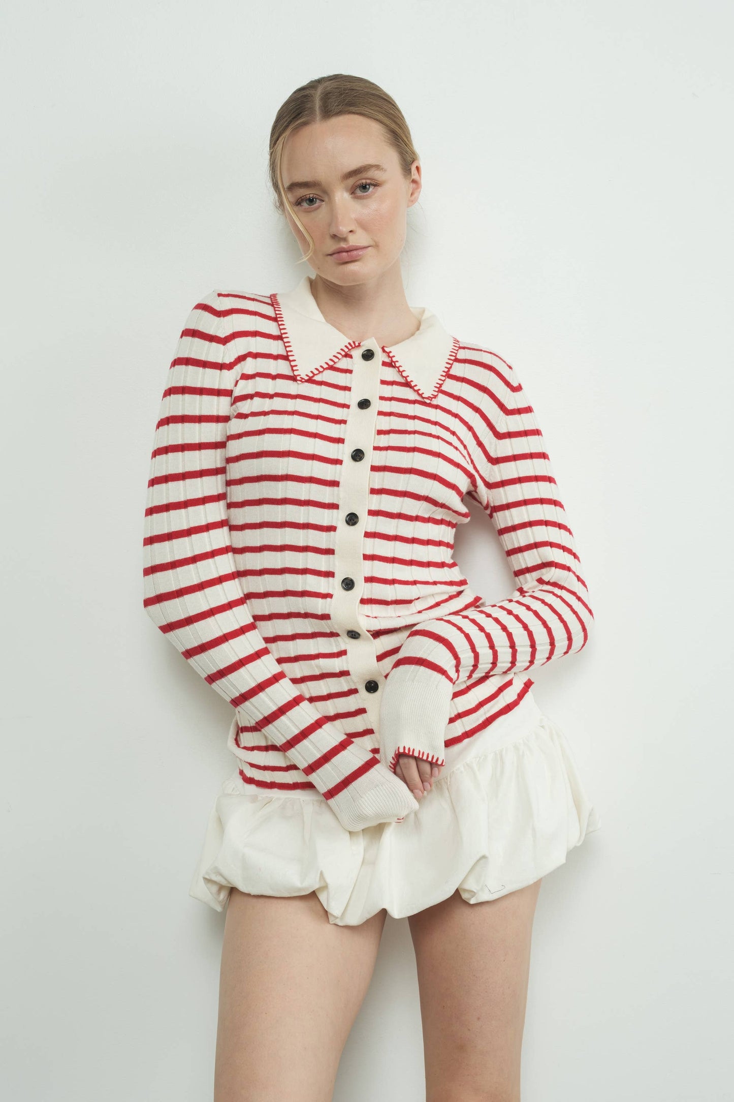 STRIPE COLLAR CARDIGAN WITH EDGE STITCH