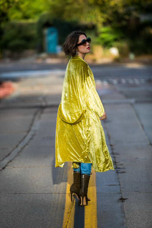 Chartreuse Silk Velvet Koi Kimono