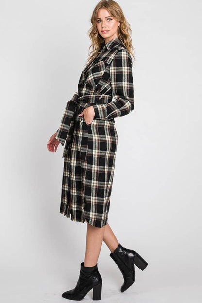 BLACK PLAID PRINT COLLAR LONG SHIRT DRESS