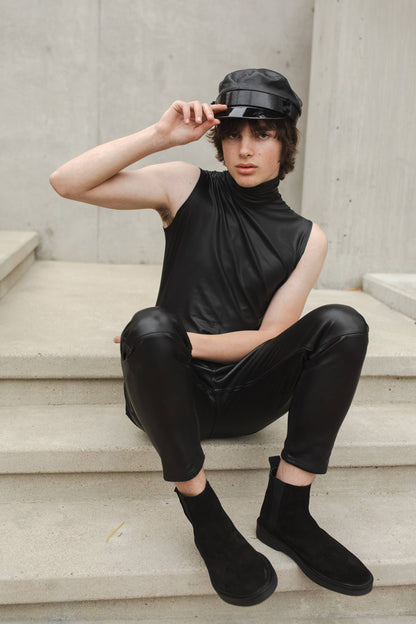 Matte Black Vegan Leather Mockneck Tank