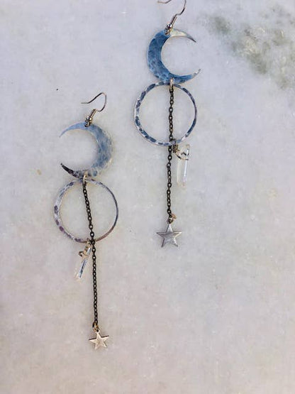 Crystal Moon and Star Dangle Earrings