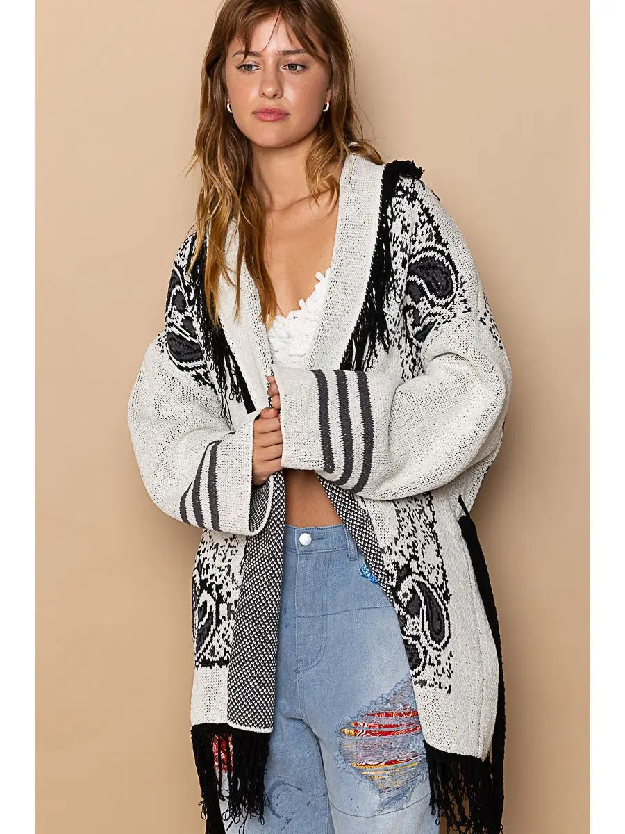 Fringe Paisley Shawl Collar Wrapped Cardigan