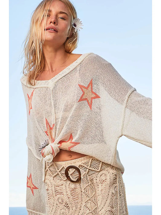V-Neck Long Sleeve Star Print Sweater