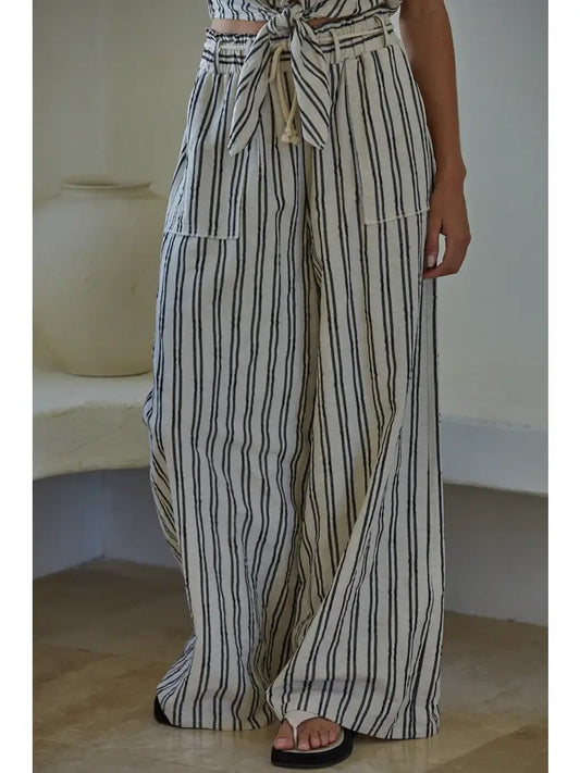 Striped Wide Leg Drawstring Waist Band Pants