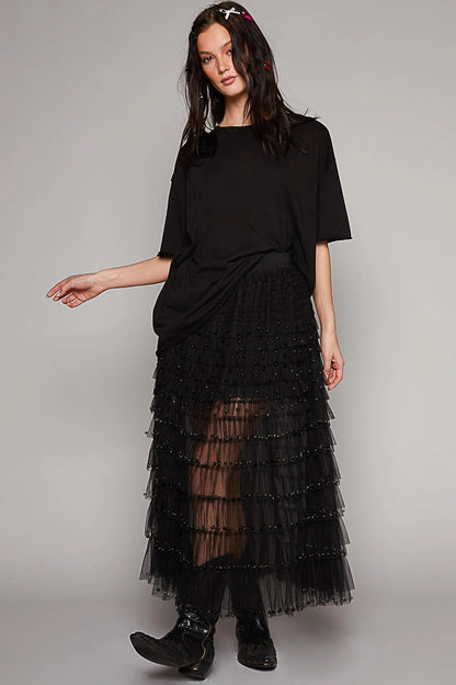 Pearl Detailed Sheer Mesh Long Skirt