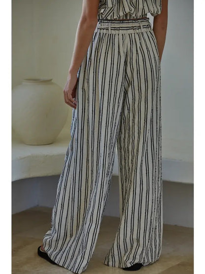 Striped Wide Leg Drawstring Waist Band Pants