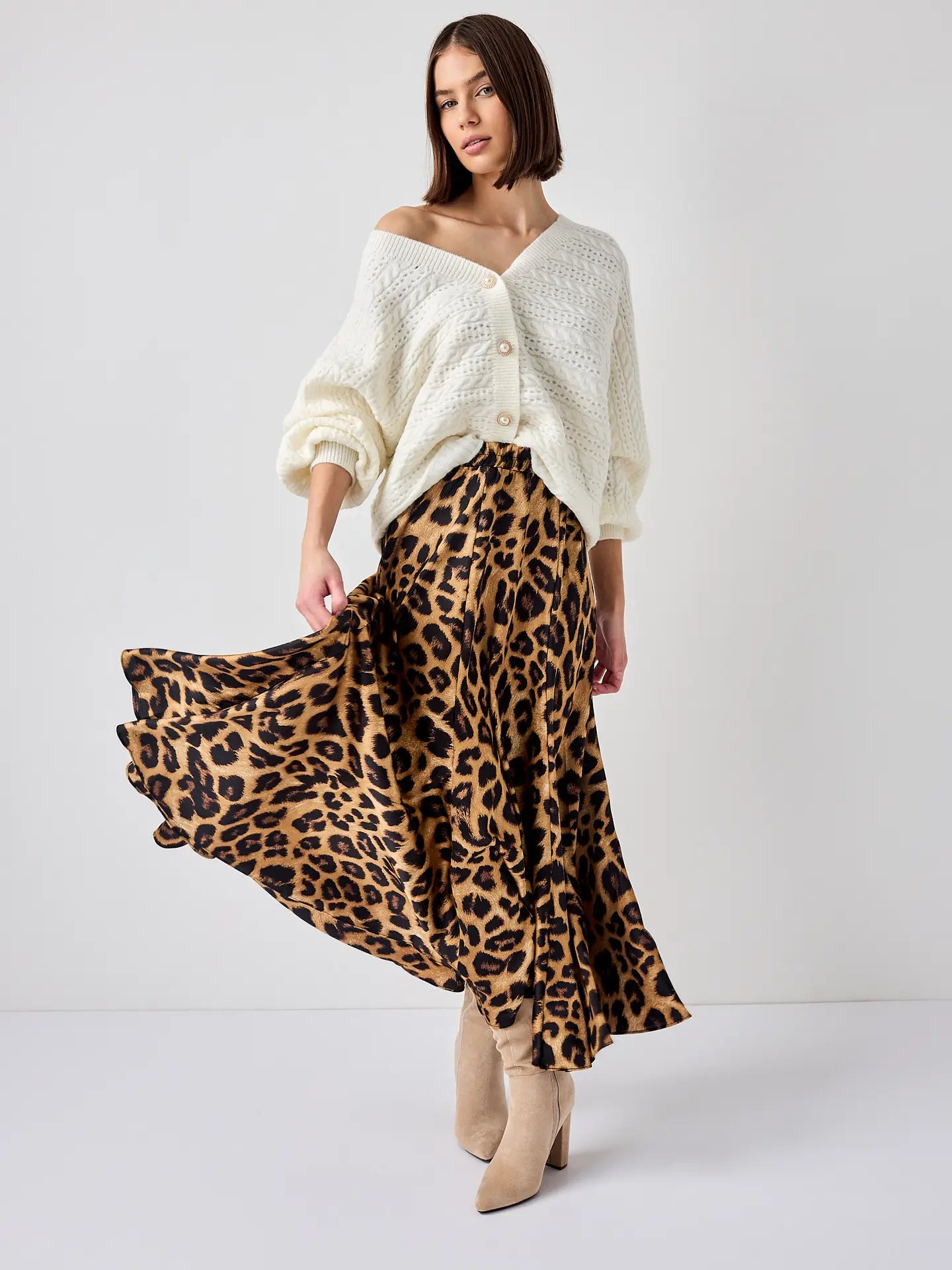 Camel Printed Satin Skirt