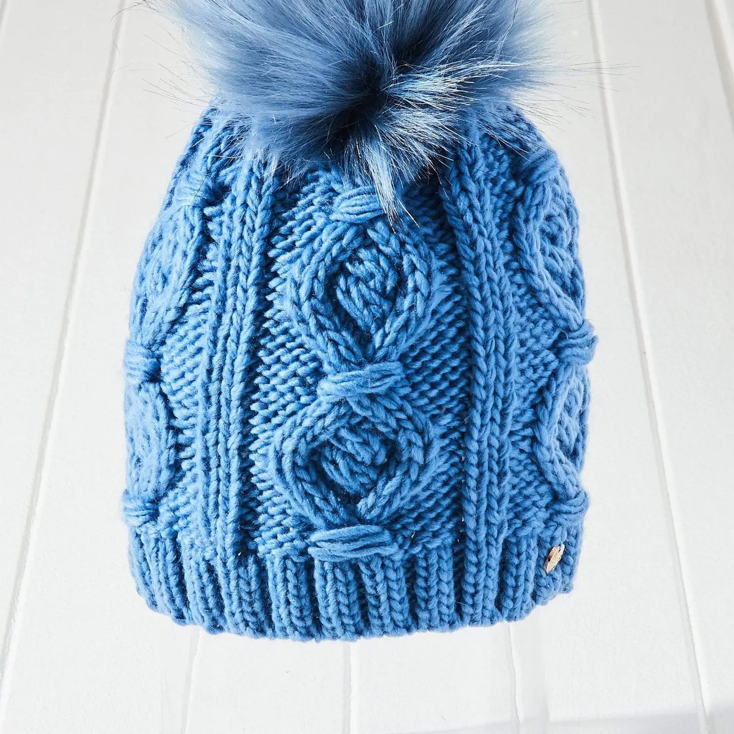 Blue Cable Knit Pom Beanie Hat | Vegan Faux Fur