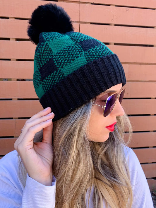 Green Black Buffalo Plaid Beanie