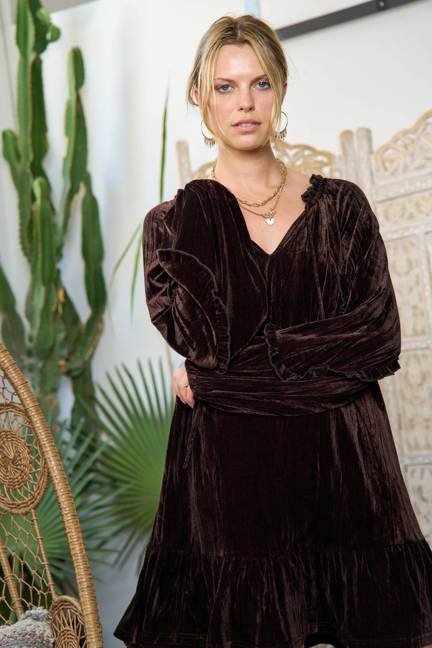 Dark Brown Crushed Velvet Mini Dress