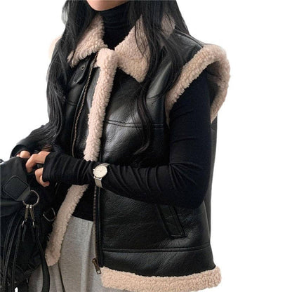 Fur Collar Color Block Thick Vest