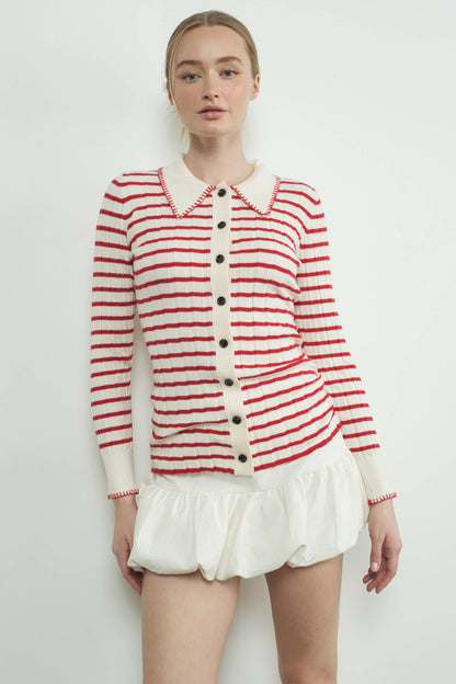 STRIPE COLLAR CARDIGAN WITH EDGE STITCH