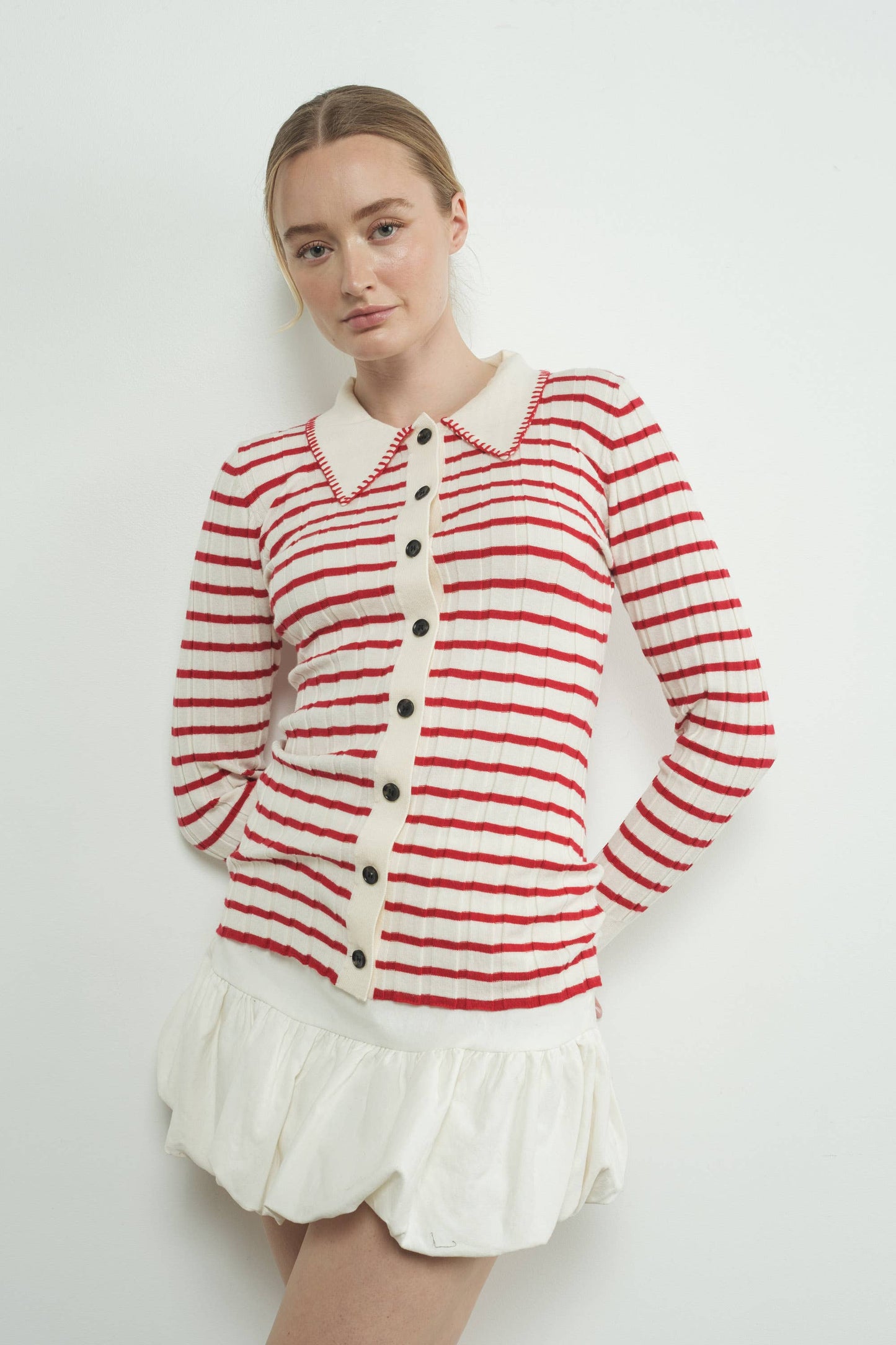 STRIPE COLLAR CARDIGAN WITH EDGE STITCH