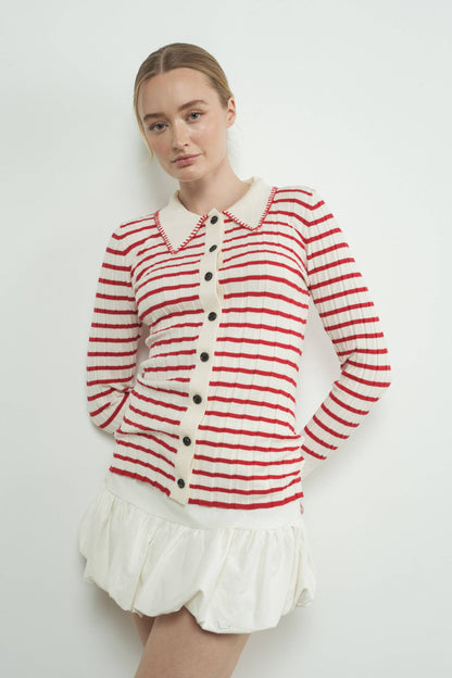 STRIPE COLLAR CARDIGAN WITH EDGE STITCH