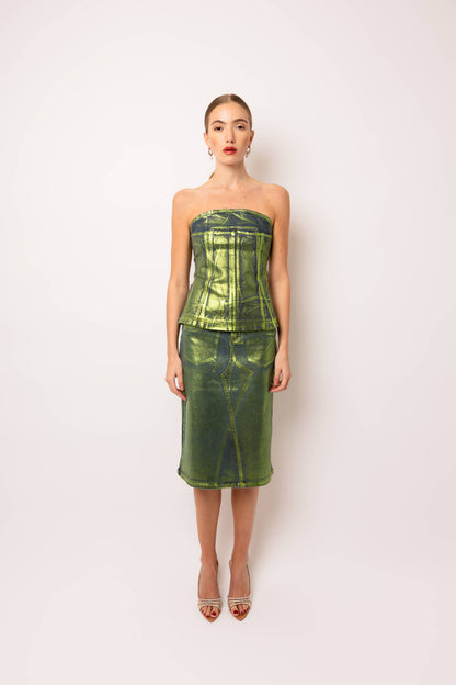 Johanna Green Foil Coated Denim Top
