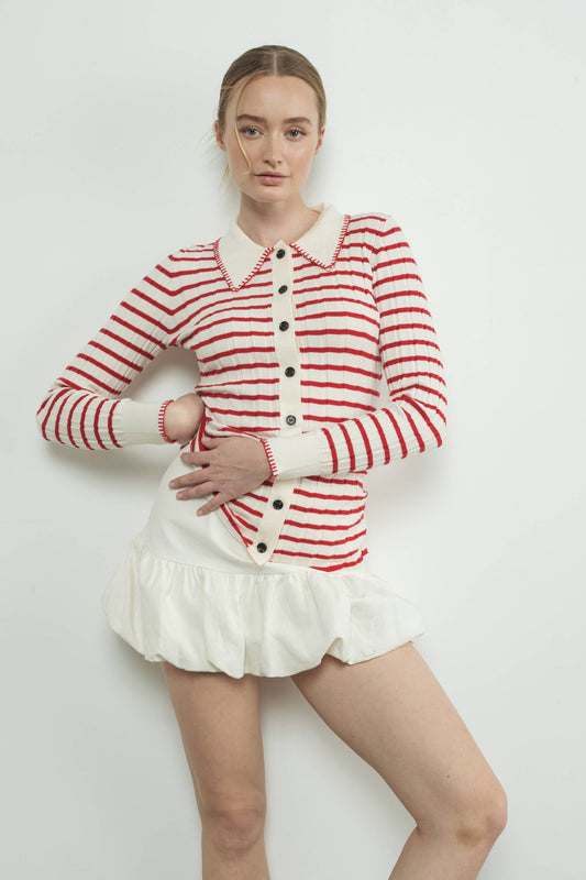 STRIPE COLLAR CARDIGAN WITH EDGE STITCH