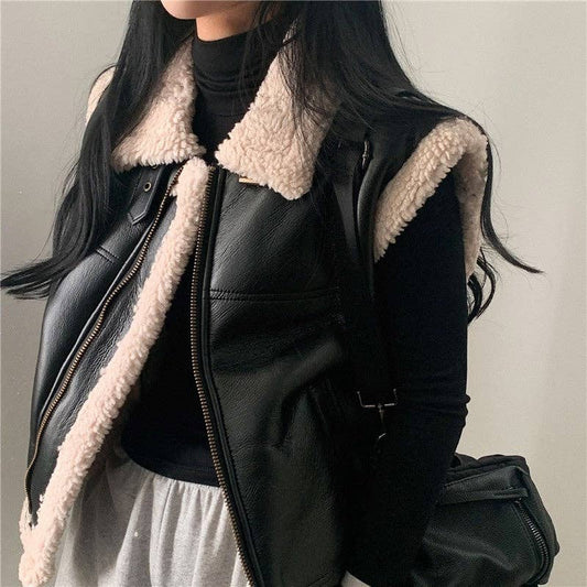 Fur Collar Color Block Thick Vest