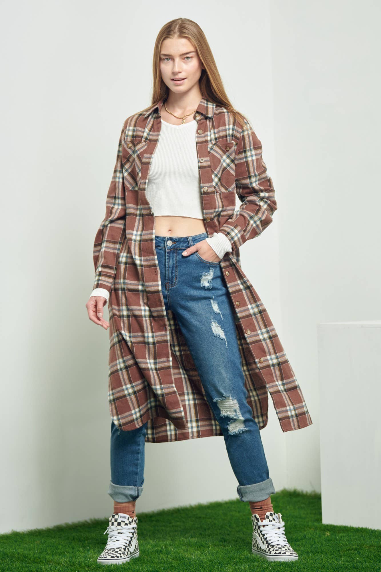 BLACK PLAID PRINT COLLAR LONG SHIRT DRESS