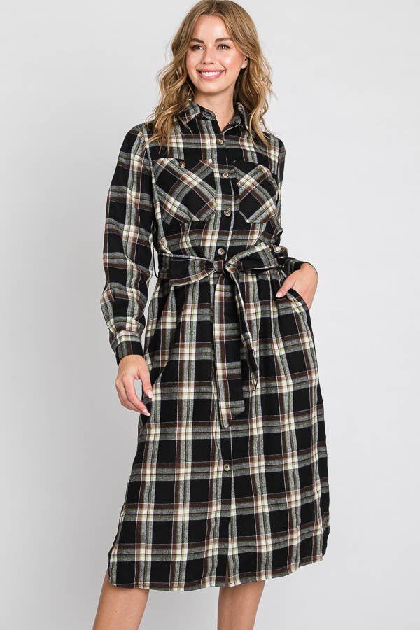 BLACK PLAID PRINT COLLAR LONG SHIRT DRESS