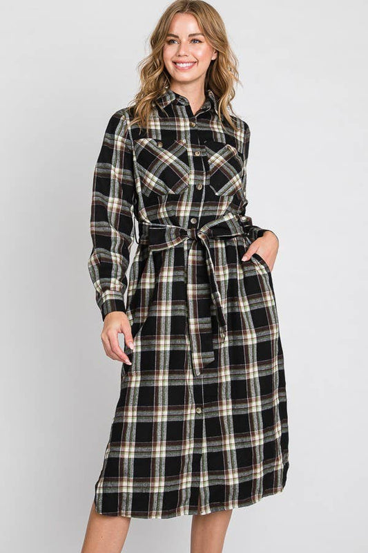 BLACK PLAID PRINT COLLAR LONG SHIRT DRESS