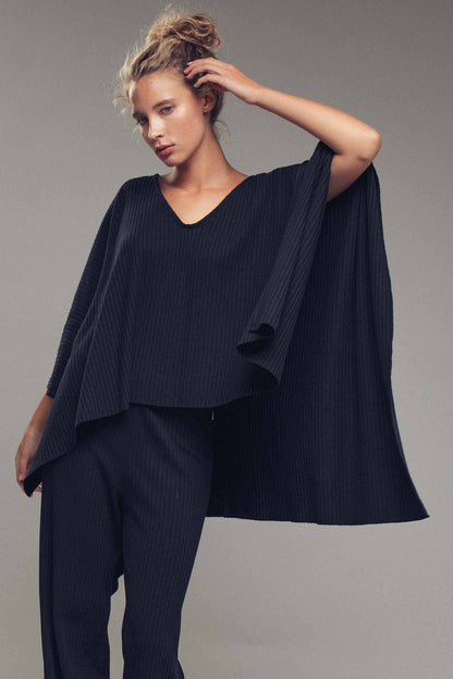 Ribbed Knit Poncho and Pants Set